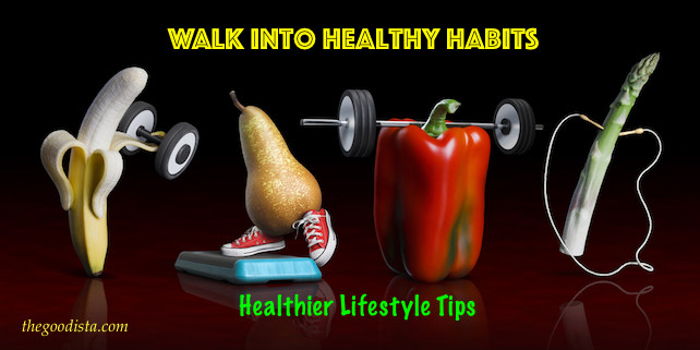 Walking to healthy habits with this guide on how to start, illustrated by fruit and vegetables exercising.