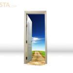 Change Illustrated by a door leading from a white space into a vivid landscape to new beginnings.