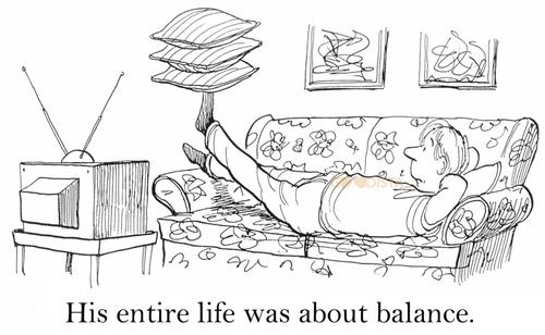 Healthy lifestyle commitment illustrated by Man lying on sofa balancing pillows on his foot