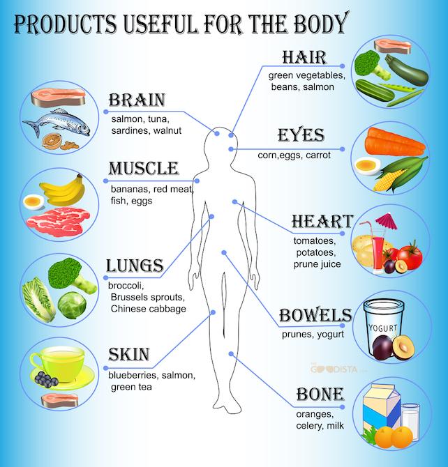 How to get a Healthier Life with Good Food is learning what the body needs. This picture shows what foods are good for certain parts of the body.