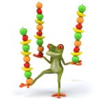 Good Rest means less stress and multitasking can be a stressor as illustrated by this frog balancing fruits on sticks.