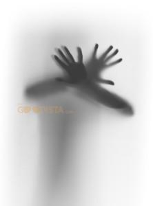 Feel Good Tip for the Senses, Touch is illustrated by shadow of mans body and a pair of hands against frosted glass.