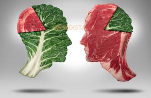 Portion Contortion is the confusion of what to eat, how and what is healthy illustrated by kale and meat heads.