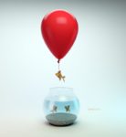 Change Reaction to a new marital status or partner can be surprising as illustrated by a gold fish leaving the tank by means of a red balloon