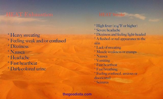 Heat Exhaustion and Stroke symptoms are written in this photo of the desert
