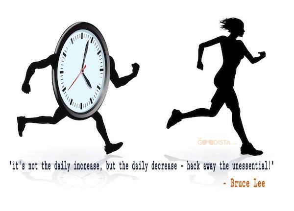 Healthier Lifestyle can mean to hack away the unessential to find the time to work for you as illustrated by this clock chasing a woman.