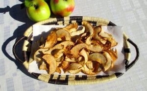 Apple Crisps Dehydrated Cinnamon Coated Natural Goodies in this picture. Recipe on thegoodista.com