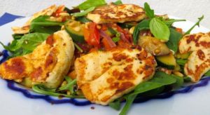 Halloumi Salad with Warm Vegetables in this picture. Recipe on thegoodista.com