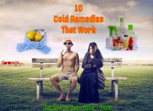 Cold remedies that work fast to get back into a healthy and fit life again as illustrated by man and woman sitting on bench, and one uses natural the other OTC drugs. Read more on the goodista.com
