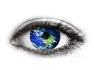 Saying goodbye is an art, illustrated by eye with an iris as a globe