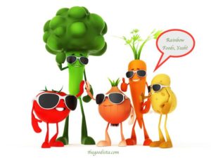 Dark side of health is to not eat enough Rainbow Foods which feed body and mind. Here happy vegetable figures.