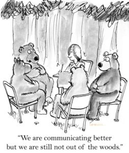 Communication Barriers are about learning skills to relate to each other, illustrated by bears and woman trying to communicate. 