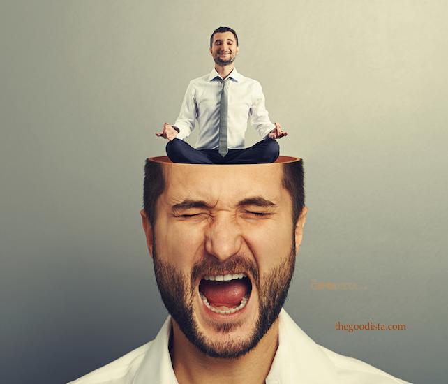 Mindfulness for a clearer mind in this post on thegoodista.com. Illustrated by stressed man with a smaller man in yoga pose on his head. 