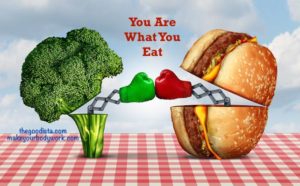 You are what you eat if you know how. Illustrated by a hamburger and broccoli in a boxing match.