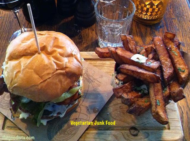 You are what you eat, and avoiding meat doesn't make you healthier. Illustrated by vegetarian burger and fries. 