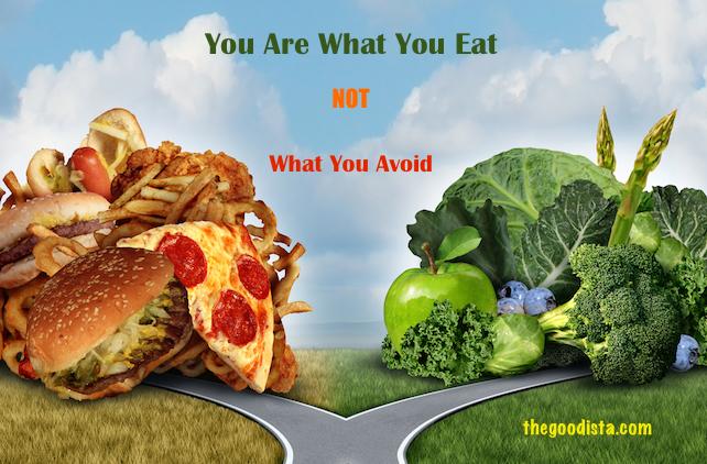 You are what you eat illustrated by road to junk or green foods.