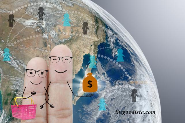 International Life is costly due to cross border travel, insurance and safety costs. Illustrated by couple holding  moneybag against picture of the earth.