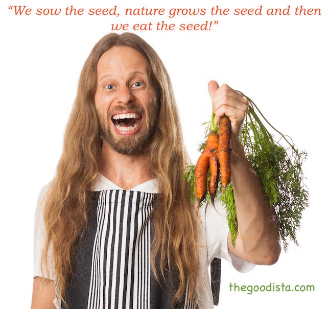 Clean Food 1970s Natural Health Movement illustrated by man with carrots, and quote from UK Comedians 'the young ones'.