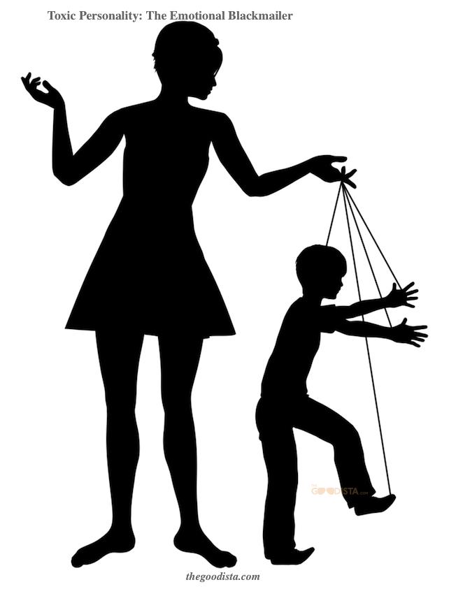 Negativity and emotional blackmail is toxic in a relationship. Illustrated by woman holding child on a string like a puppet master.