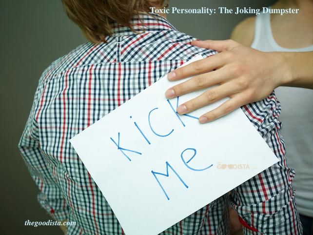 Negativity and toxic personality type 'The Joking Dumpster' illustrated by prankster that places a 'kick me' sign on back of another man. 