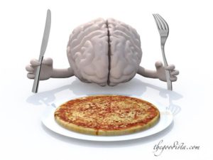 Italian foodie guide and how to stay lean and eat clean in Italy, illustrated by brain eating pizza.