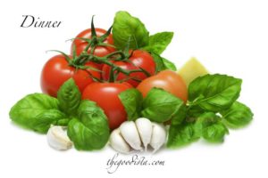 Italian foodie perfect starter illustrated by tomatoes, basil, cheese and garlic.