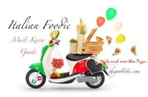 Italian foodie must know guide to food tradition, do's and don'ts and so much more, illustarted by vespa with pizza flying off it.