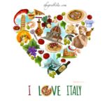Italian food guide to eating out in Italy, illustrated by heart made up of Italian foods and monuments.