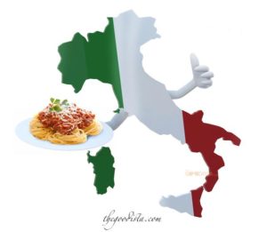 Italian Foodie guide to the do's and don'ts of eating out in Italy, illustrated by map of Italy holding a plate of pasta 