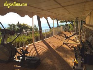 Wellness Fitness and Spa Vacation. Outside gym at the Santavenere hotel as seen in this picture. 