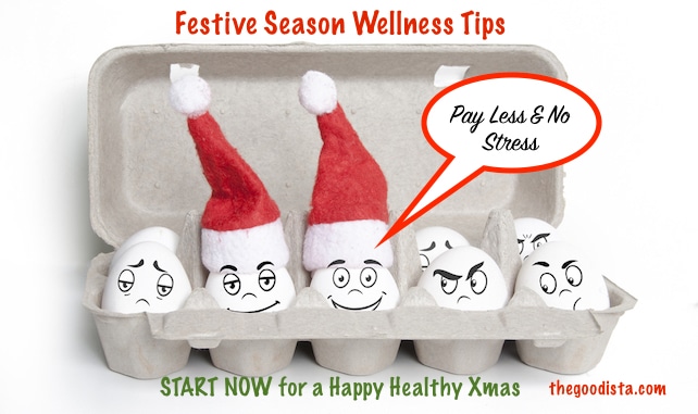 Festive season wellness tips who to pay less and stay happy. healthy over christmas. Illustrated by eggs with emotional faces.