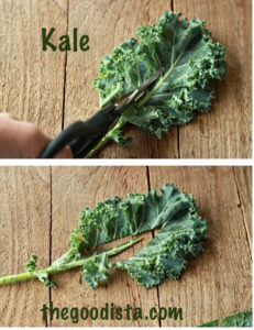 Black beans with kale in this recipe in thegoodista.com. In photo Kale and how to cut away mid stalk.