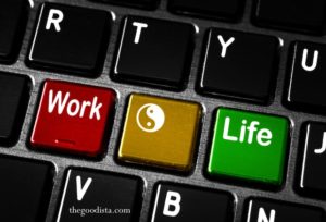 Work from home can be the way to find work life balance, illustrated by keyboard with keys for work, life and Ying Yang sign.