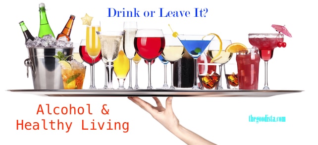 Alcohol and Healthy Living Explored illustrated by tray of alcoholic beverages.