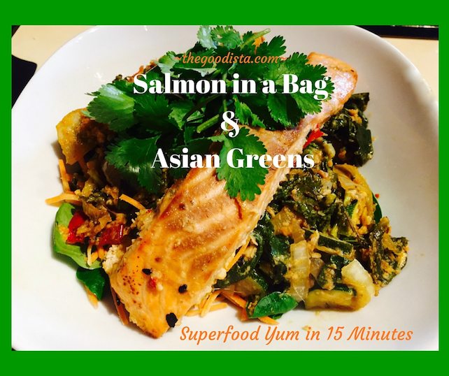 Salmon in a bag with Asian greens in this picture.