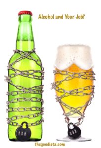 Alcohol and your job: Is it an issue? illustrated by chained beer bottle and glass to indicate addiction. 