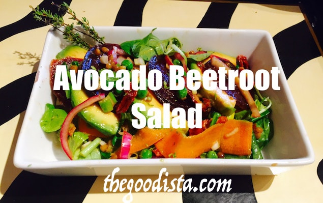 Avocado beetroot salad in this photo. Recipe on thegoodista.com.