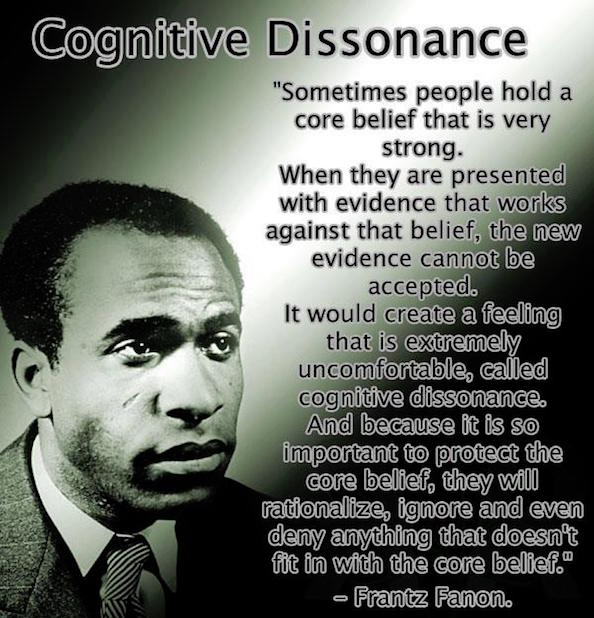 cognitive dissonance as defined by Frantz Fannon. Copyright Free and Human.