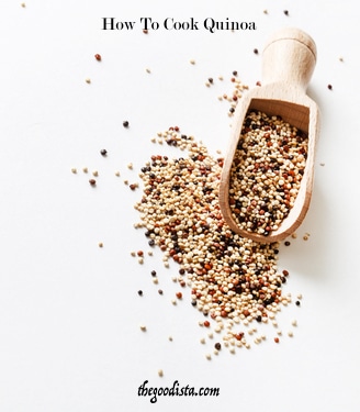 Quinoa salad, and how to cook it. Illustrated by quinoa in wooden spoon.